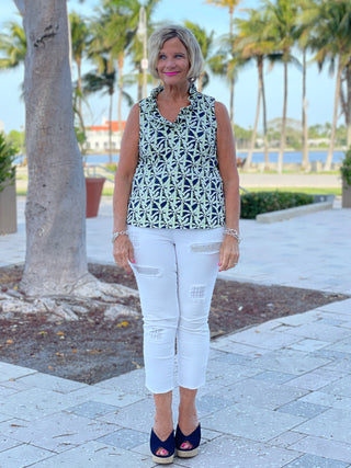 GREEN NAVY PALM SLEEVELESS RUFFLE TOP