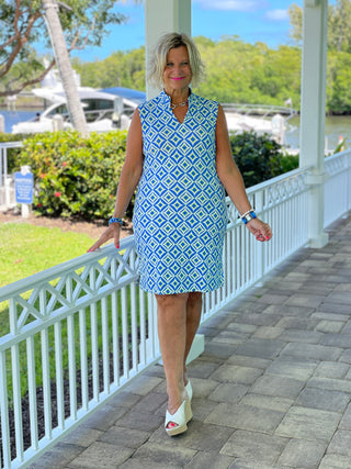 AQUA DIAMONDS SHORT SLEEVE DRESS