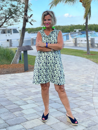 GREEN AND NAVY SLEEVELESS RUFFLE DRESS