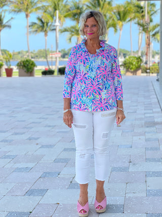 PINK PALM TREE 3/25 RUFFLE TOP - Cathys Place