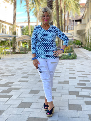 MELINA BLUE V NECK TOP