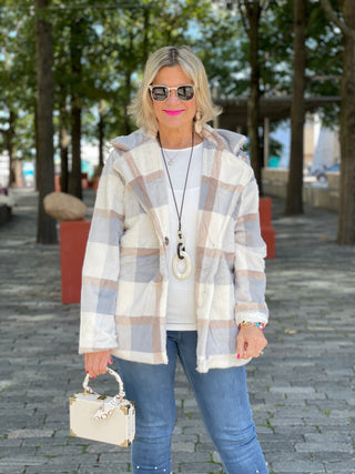 BLUE/CREAM PLAID FAUX FUR JACKET OR COAT