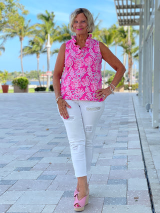 PINK LANE SLEEVELESS RUFFLE TOP