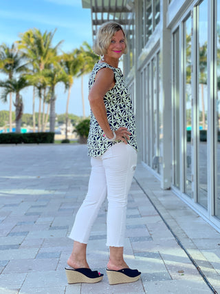 GREEN AND NAVY SLEEVELESS PALM TOP