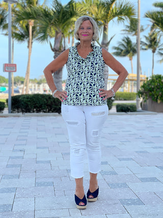 GREEN NAVY PALM SLEEVELESS RUFFLE TOP