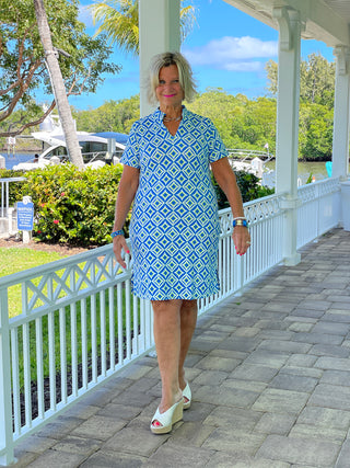 AQUA DIAMONDS SHORT SLEEVE DRESS