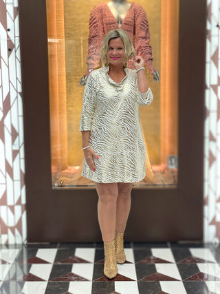 LULU-B WHITE LEME GOLD RUFFLE DRESS