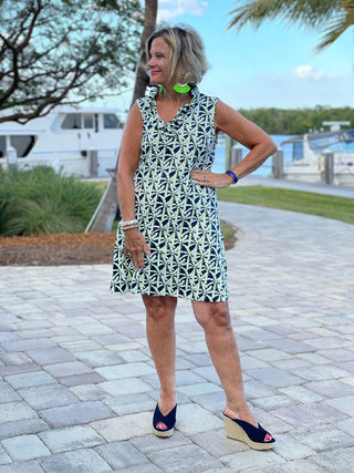 GREEN AND NAVY SLEEVELESS RUFFLE DRESS