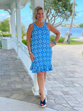 BAHAMA BLUE TURTLE HALTER  RUFFLE DRESS