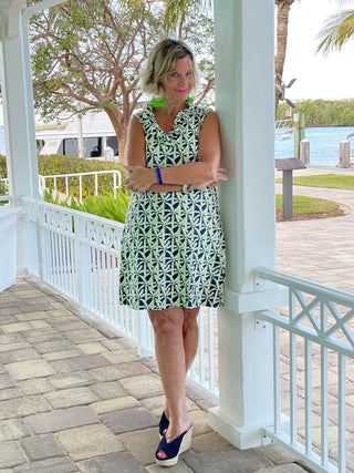 GREEN AND NAVY SLEEVELESS RUFFLE DRESS