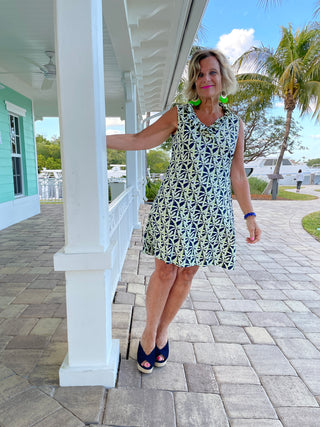 GREEN AND NAVY SLEEVELESS RUFFLE DRESS