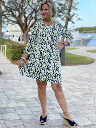 GREEN AND NAVY PALM SLEEVE DRESS