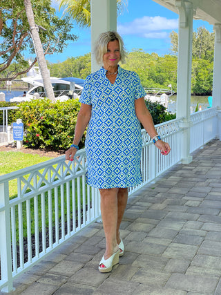 AQUA DIAMONDS SHORT SLEEVE DRESS