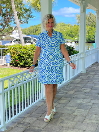 AQUA DIAMONDS SHORT SLEEVE DRESS