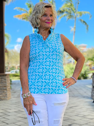 OCEAN MILE SLEEVELESS RUFFLE TOP - Cathys Place