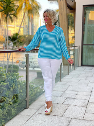 AQUA STRIPE V NECK SWEATER