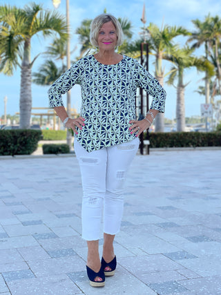 GREEN AND NAVY PALM ASYMMETRIC TOP - Cathys Place