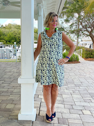 GREEN AND NAVY SLEEVELESS RUFFLE DRESS