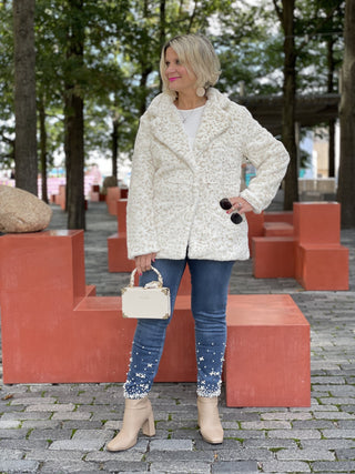 BLUE/CREAM PLAID FAUX FUR JACKET OR COAT - Cathys Place