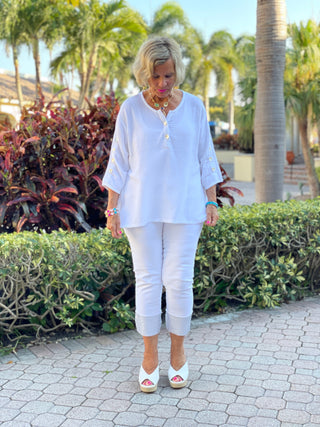WHITE WAFFLE  3 BUTTON TOP