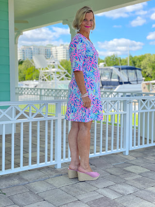 PINK PALM TREE ELBOW SLEEVE DRESS