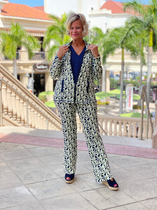 GREEN AND NAVY PALM PALAZZO PANT