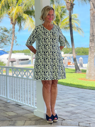 GREEN NAVY PALM ELBOW SLEEVE DRESS