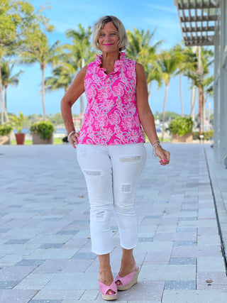 PINK LANE SLEEVELESS RUFFLE TOP