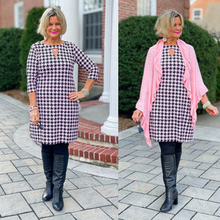 PINK AND BLACK HOUNDSTOOTH KEYHOLE DRESS