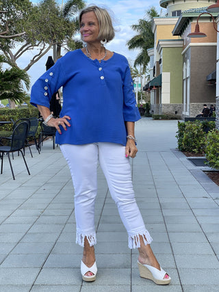 BLUE WAFFLE 3 BUTTON TOP - Cathys Place