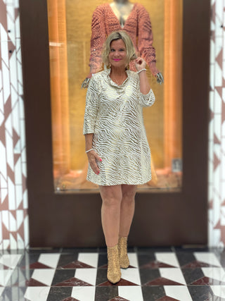 LULU-B WHITE LEME GOLD RUFFLE DRESS