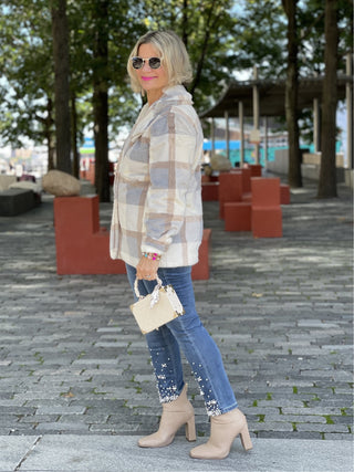 BLUE/CREAM PLAID FAUX FUR JACKET OR COAT