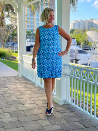 BAHAMA BLUE SHIFT RUFFLE DRESS