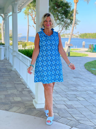 BAHAMA BLUE TURTLE RUFFLE DRESS