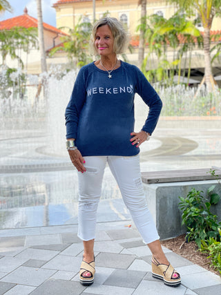 CHENILLE BEACH TIME NAVY CREW SWEATER - Cathys Place