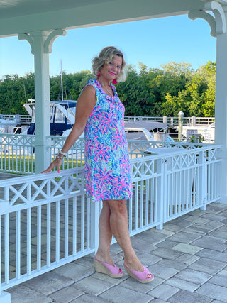 PINK PALM TREE BEACH RUFFLE DRESS