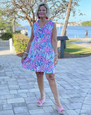 PINK PALM TREE BEACH RUFFLE DRESS