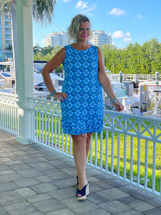 BAHAMA BLUE SHIFT RUFFLE DRESS