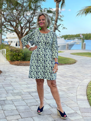 GREEN AND NAVY PALM SLEEVE DRESS