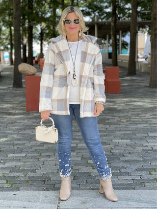 BLUE/CREAM PLAID FAUX FUR JACKET OR COAT