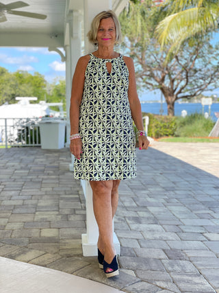 GREEN NAVY PALM KEYHOLE DRESS