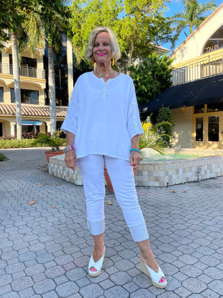 WHITE WAFFLE  3 BUTTON TOP