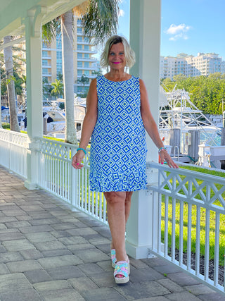 AQUA DIAMONDS SHIFT RUFFLE DRESS