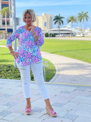 PINK PALM TREE ASYMMETRIC TOP