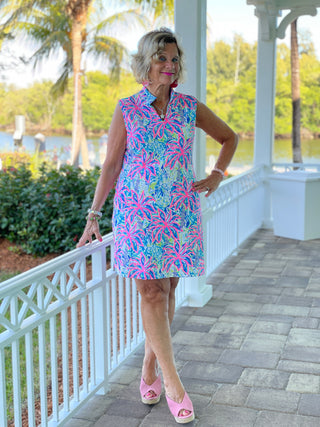 PINK PALM TREE BEACH COLLAR DRESS