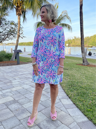 PINK PALM TREE SLEEVE DRESS - Cathys Place