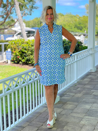 AQUA DIAMONDS SHORT SLEEVE DRESS