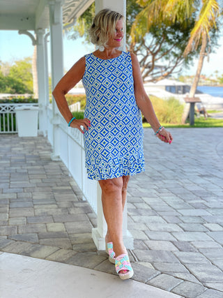 AQUA DIAMONDS SHIFT RUFFLE DRESS