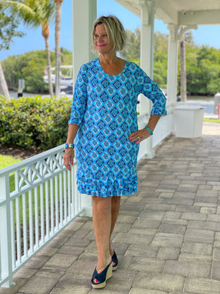 BAHAMA BLUE TURTLE RUFFLE SLEEVE DRESS