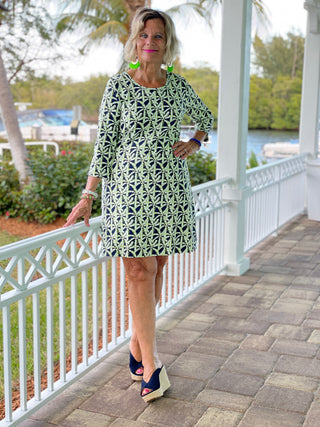 GREEN AND NAVY PALM SLEEVE DRESS